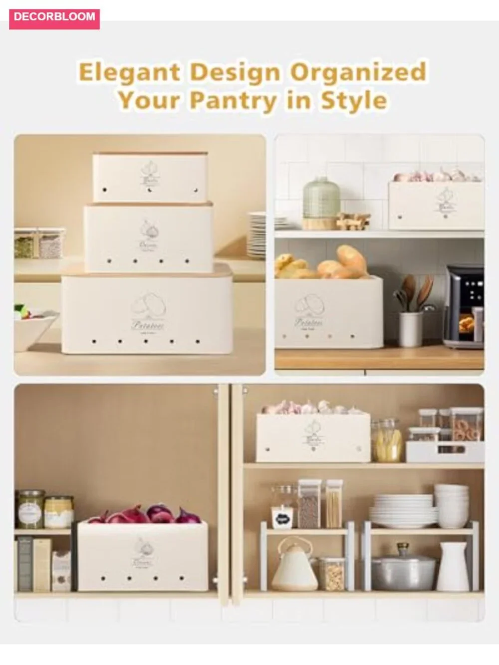 3-Piece Kitchen Vegetable Storage Tin Set Steel Bamboo Lid